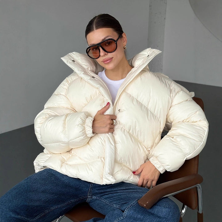 Ladies short puffer jacket with thermal filling, oversized hood & concealed two-way zipper Amarae