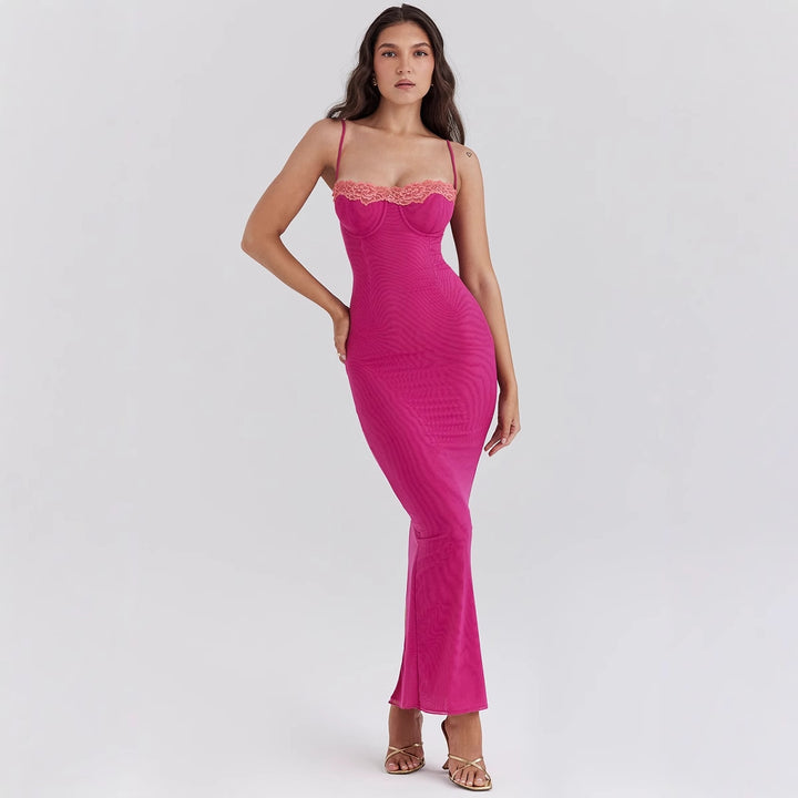 Women's fitted maxi dress with transparent hem and romantic lace accent Lune London