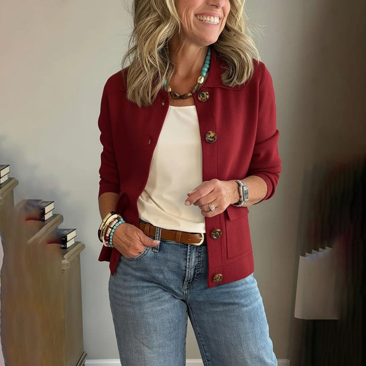 Women's short knitted cardigan with shirt collar, patch pockets, and horn buttons Amarae