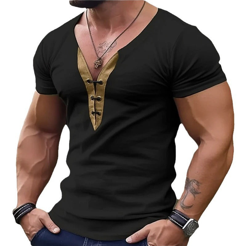 T-shirt tendance pour hommes à col en V avec boutonnière Lune London