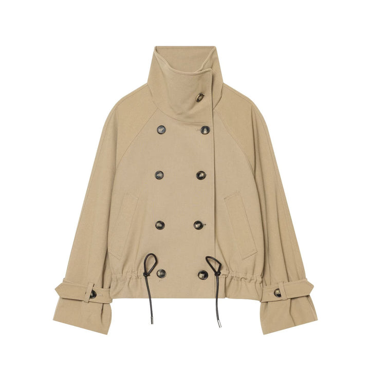 Women Cropped Trench Coat with High Funnel Collar, Raglan Sleeves and Drawstring Waistband Amarae