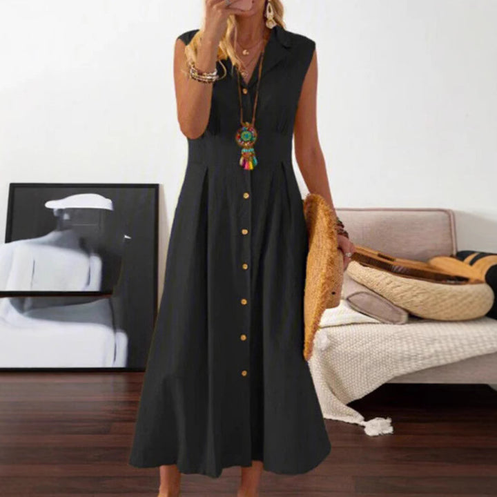Summer maxi dress for women with button placket and sleeveless design Lune London