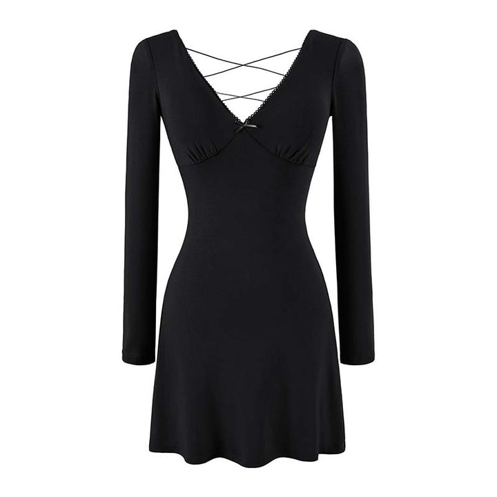 Ladies form-fitting mini dress with a deep V-neckline, gathered bust, and crossed back straps Amarae