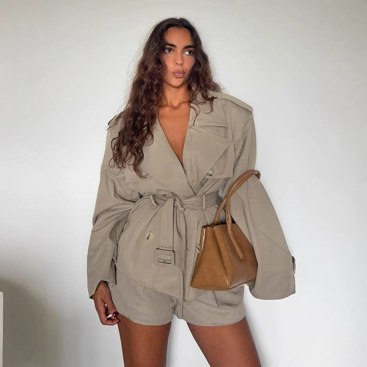 Women's short trench-style jacket with a tailored tie belt and wide sleeves Amarae