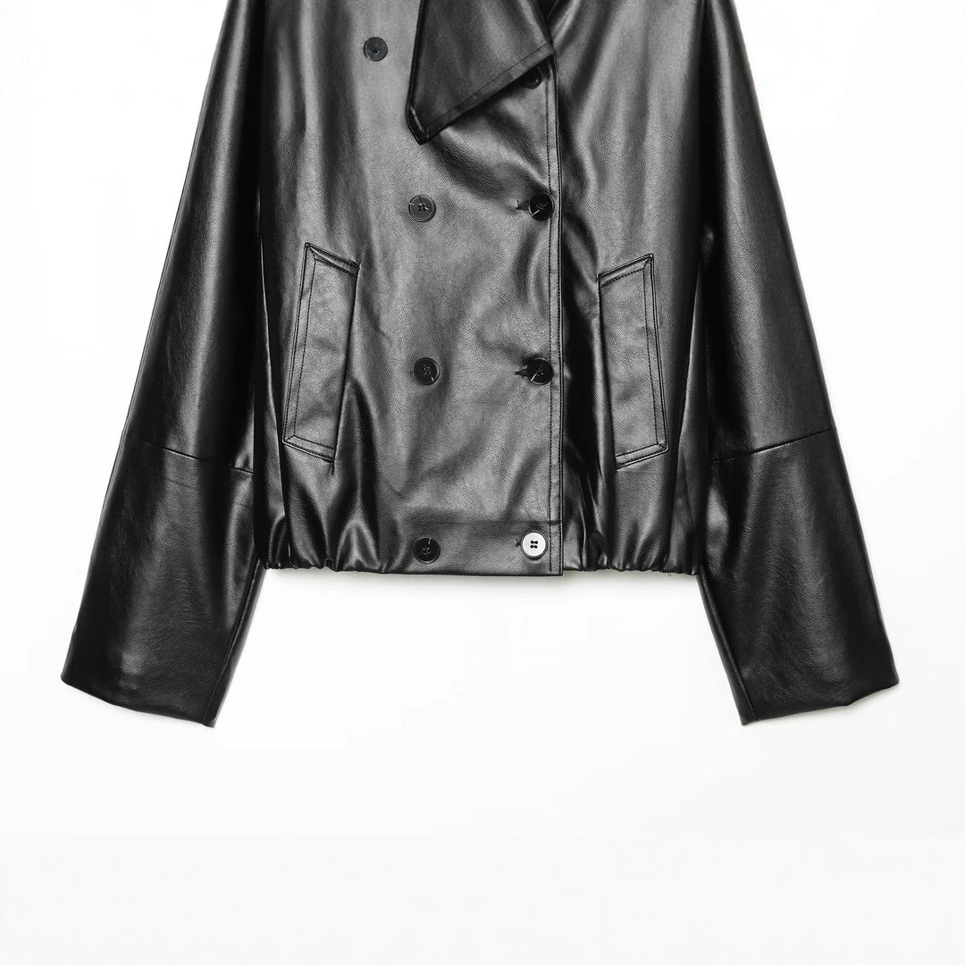 Women's Cropped Faux Leather Jacket with Wide Funnel Collar and Double-Breasted Button Placket Amarae