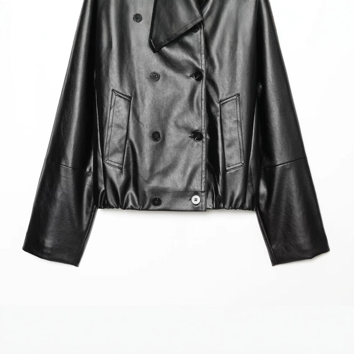 Women's Cropped Faux Leather Jacket with Wide Funnel Collar and Double-Breasted Button Placket Amarae