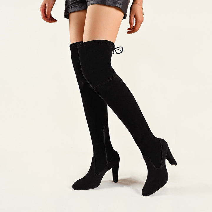 Women overknee boots in high-quality suede leather with side zip and elegant laces Lune London