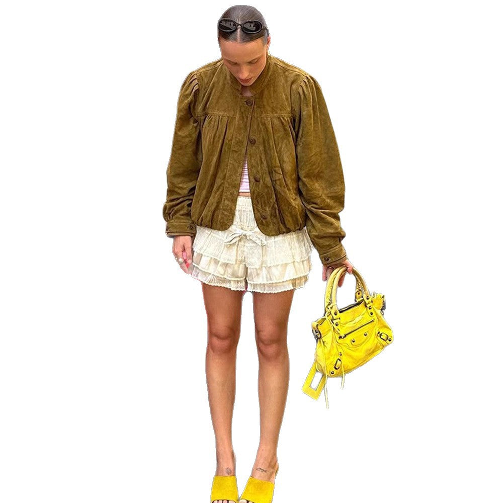 Women's Short Suede Jacket with Pleats, Puff Sleeves & Button Placket Amarae