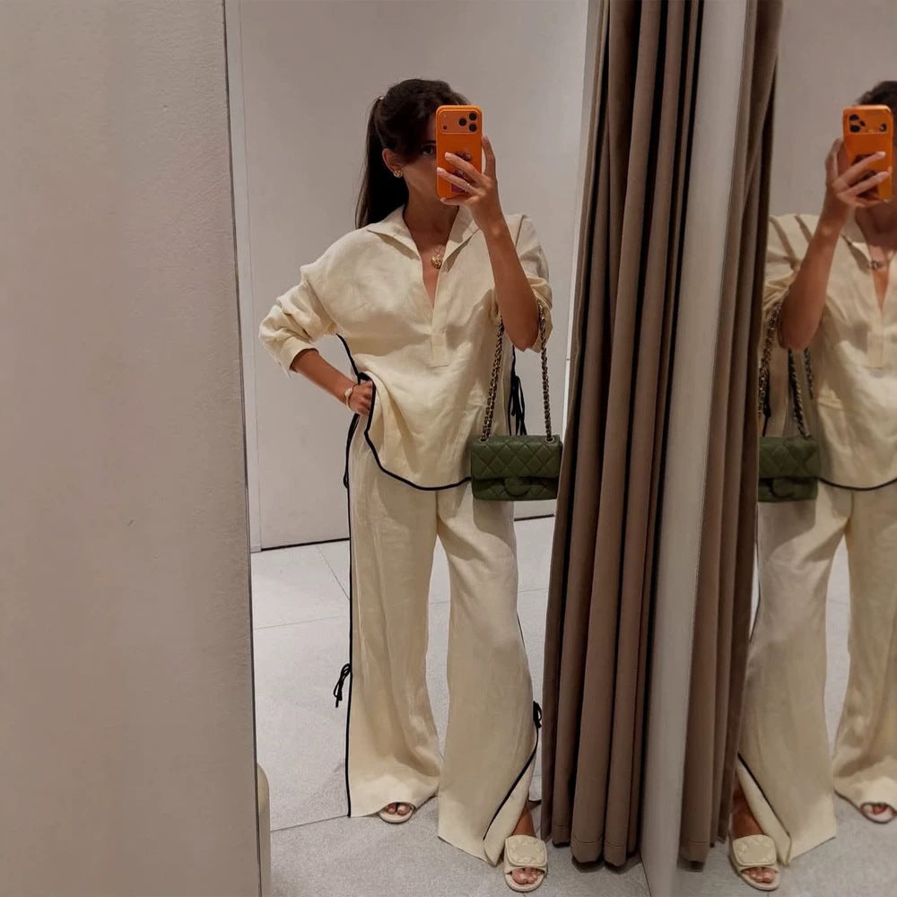 Women Lightweight Linen Loungewear Set with Wide Leg, Shirt Collar & Contrast Piping Amarae