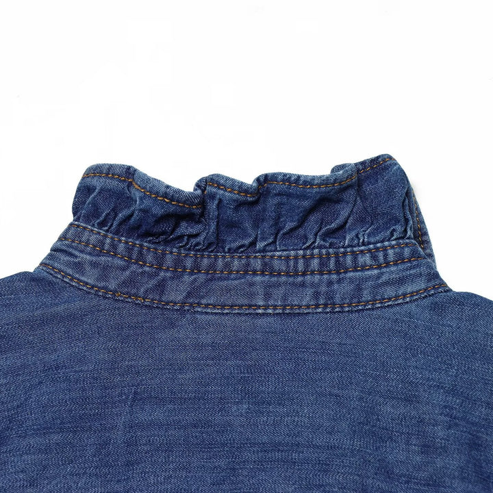 Women's denim blouse with ruffled button placket and stand-up collar Amarae