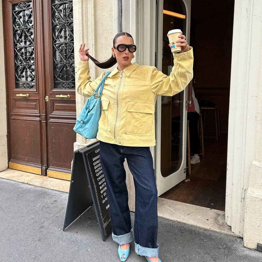 Women's Boxy-Canvas-Jacket with Zipper, Flap Pockets and Waist Drawstring Amarae