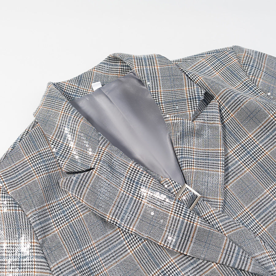 Ladies glencheck blazer with sequin trim and patch pockets Amarae