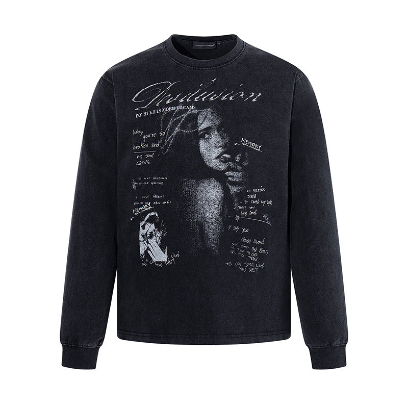 Men's Longsleeve with Vintage Girl Graphic and Used Wash Amarae