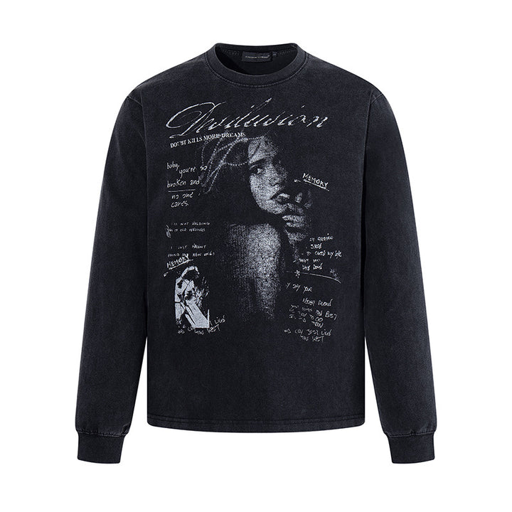 Men's Longsleeve with Vintage Girl Graphic and Used Wash Amarae