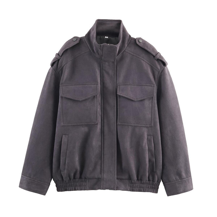 Faux leather jacket for women with practical flap pockets and modern high collar Lune London