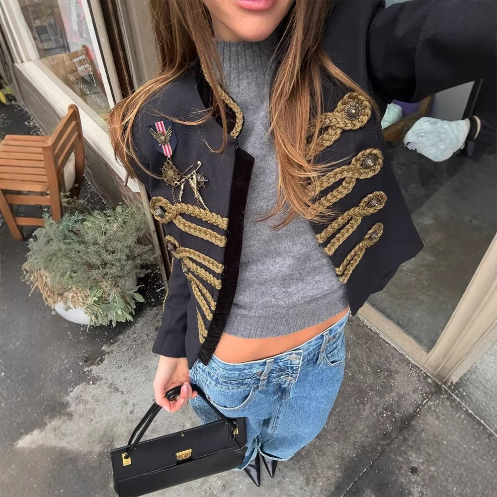Women's short military-inspired jacket with golden decorative cord and stand-up collar Amarae