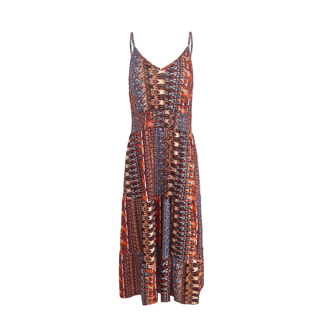 Chic and Stylish Printed Bohemian Midi Dress for Women with Adjustable Spaghetti Straps
