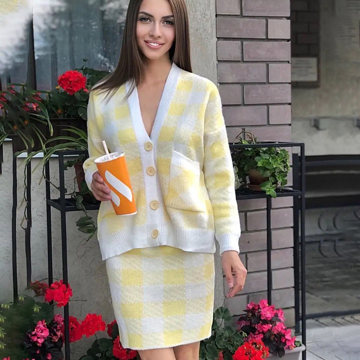Ensemble tricot pour femmes avec motif à carreaux moderne et poches pratiques Chic & Stil
