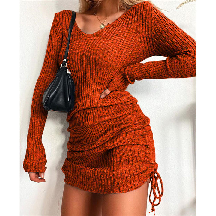 Women's Knit Mini Dress with Ruching and V-Neck Lune London