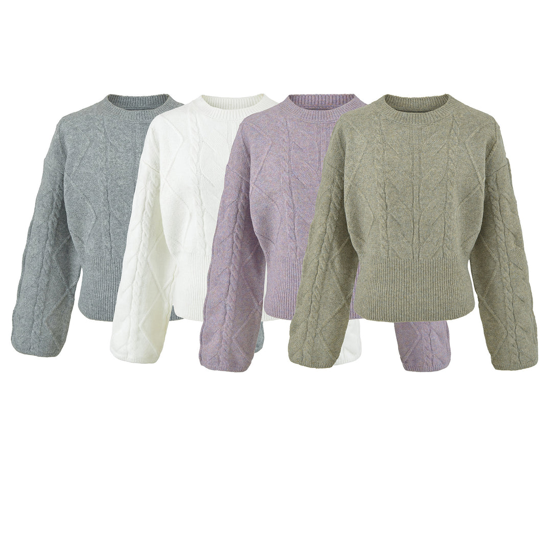 Women's Short Cable Knit Sweater with Fitted Ribbed Cuffs Amarae