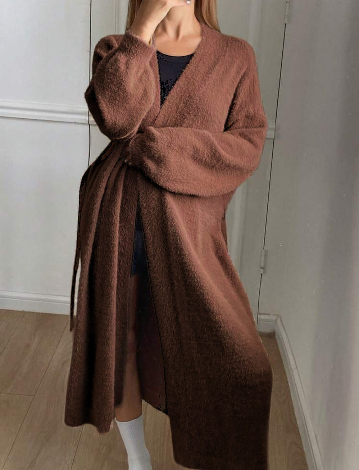 Ladies Long, soft cardigan with tie belt and V-neck Lune London