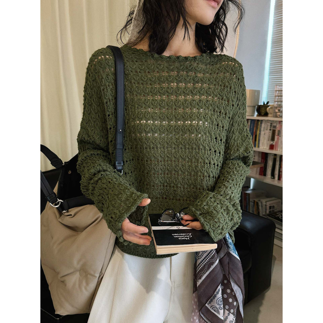 Women's Crocheted Oversized Openwork Sweater with Boat Neck Amarae