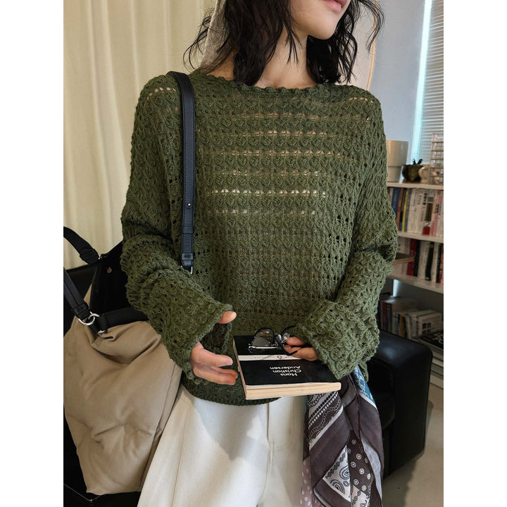Women's Crocheted Oversized Openwork Sweater with Boat Neck Amarae
