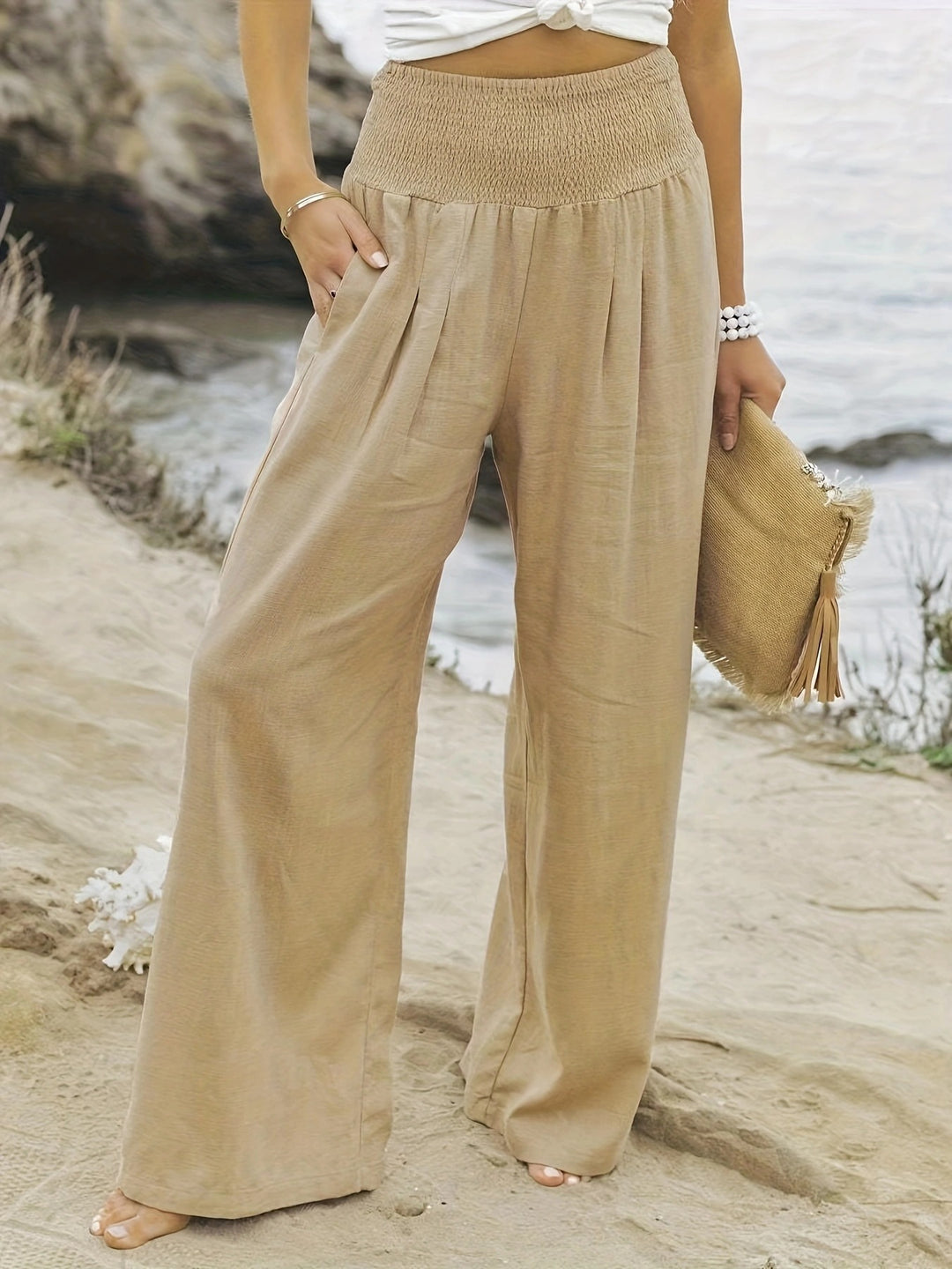 Summer wide-leg pants for women with elastic waist and elegant draping Lune London
