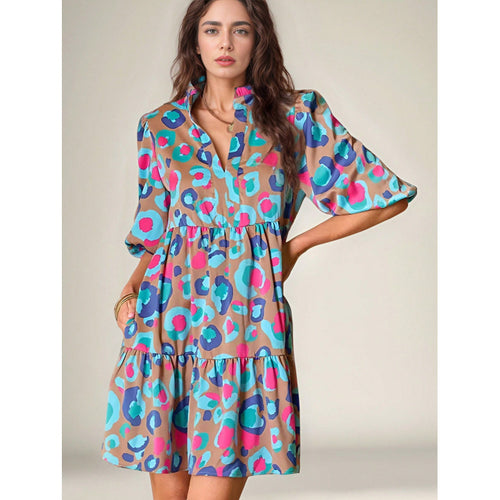 Short ruffled fluid dress for women with colorful print Amarae