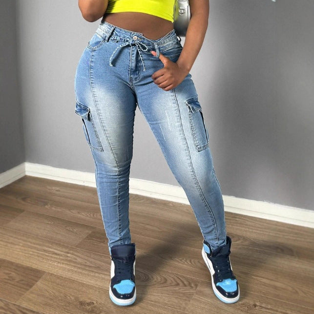 Women's High-waisted stretchy Cargo Skinny Jeans with drawstring waistband Amarae