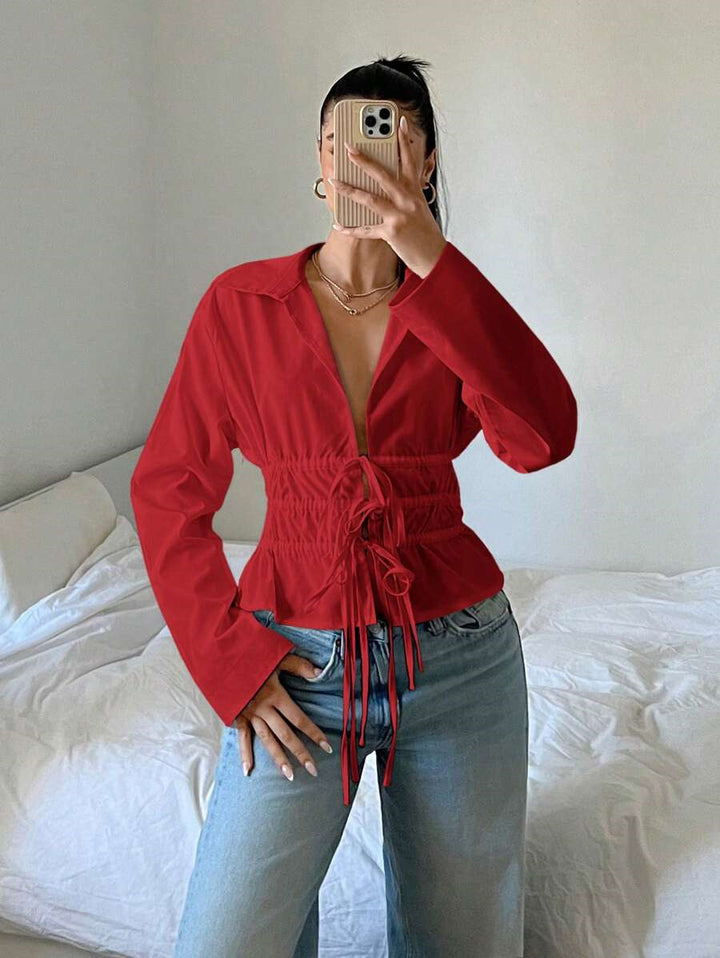 Lune London zip-up blouse for women with gathers and long sleeves