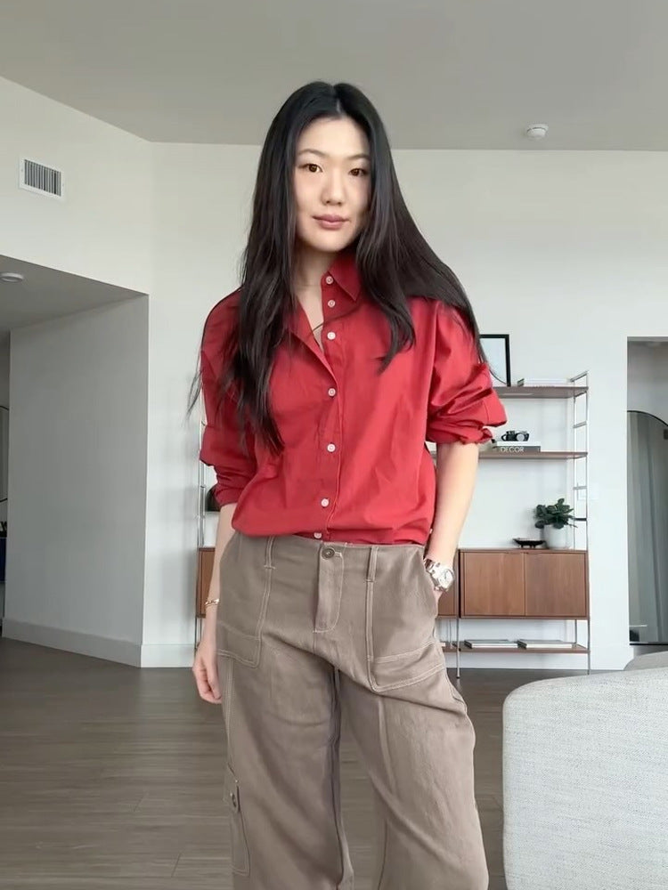 Women's loose-fitting cotton blouse with full button placket, shirt collar & roll-up sleeves Amarae
