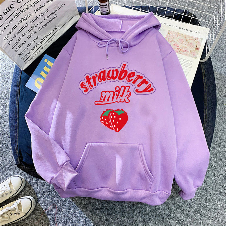 Ladies hooded sweatshirt with cheerful strawberry milk design Chic & Stil