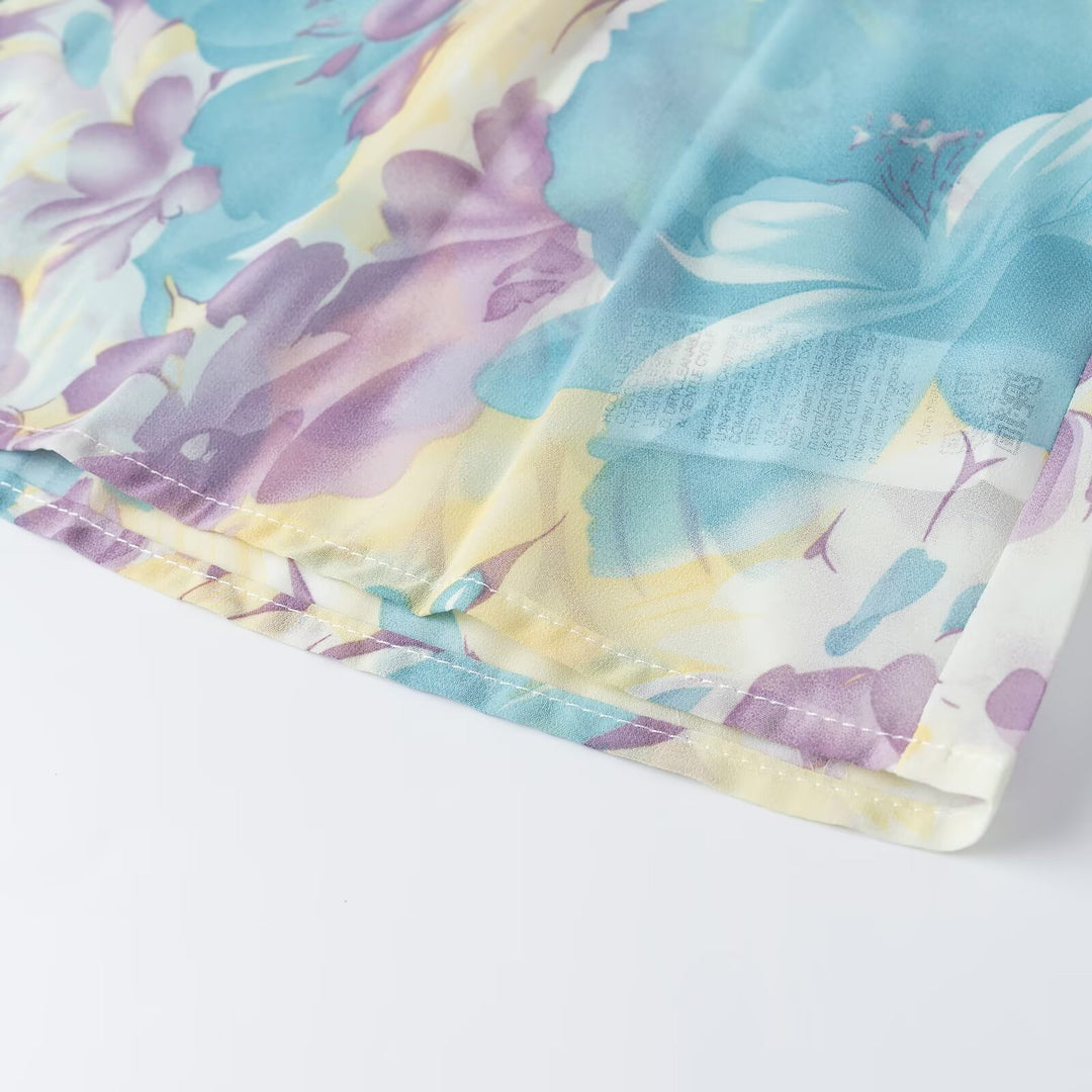 Women's floral print chiffon blouse with wide balloon sleeves and shirt collar Amarae
