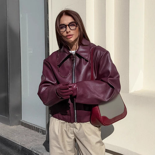 Modern cropped leather jacket for women with large collar Amarae