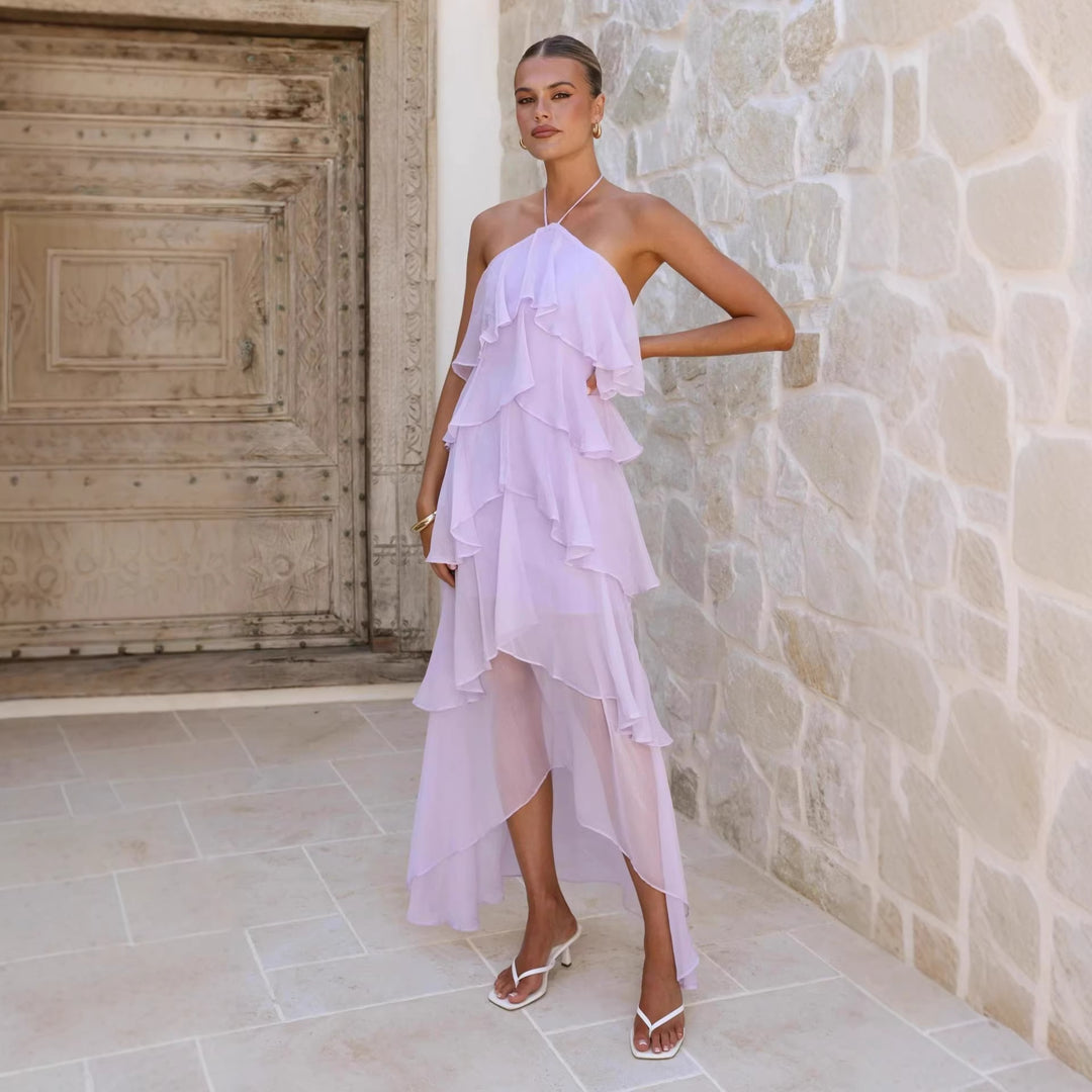 Chic & Stil Women's maxi dress with elegant overlay and floral ruffles