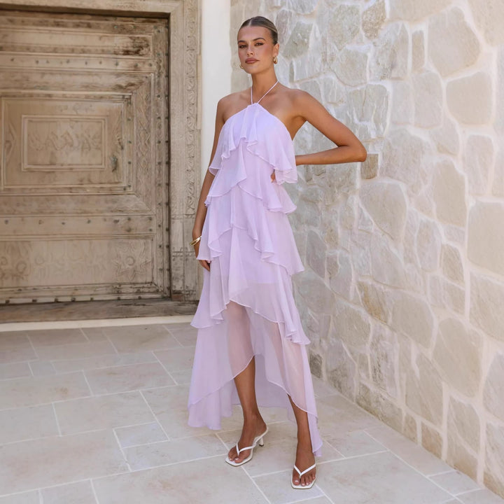 Chic & Stil Women's maxi dress with elegant overlay and floral ruffles