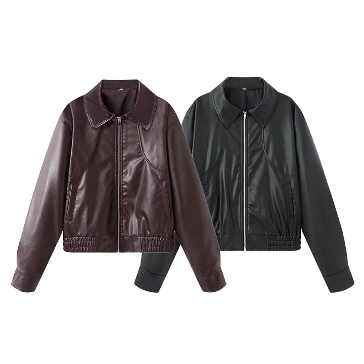 Casual biker-style faux leather jacket for women with convenient pockets and elastic belt Lune London