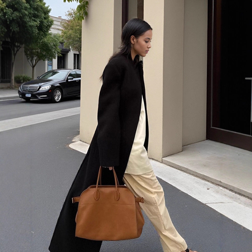 Women's Sculptural Midi Coat with Distinctive Shoulder Design and Concealed Button Placket Amarae