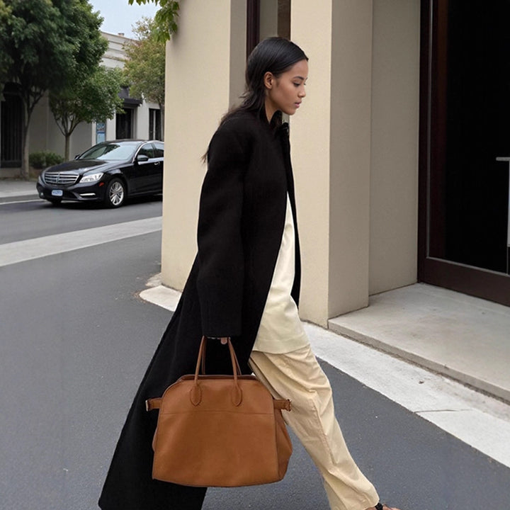 Women's Sculptural Midi Coat with Distinctive Shoulder Design and Concealed Button Placket Amarae