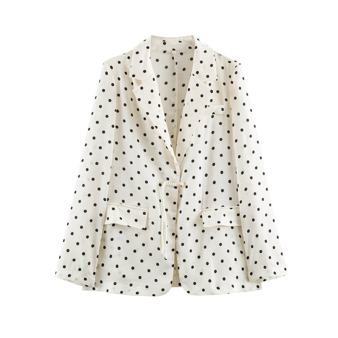 Ladies Light Polka Dot Blazer with Lapels, Drawstring Waist and Flap Pockets Amarae