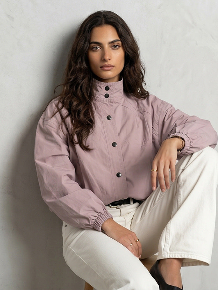 Ladies Short Boxy Bomber Jacket with Stand Collar and Snap Button Closure Amarae