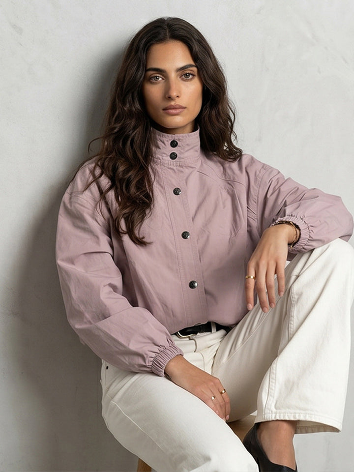 Ladies Short Boxy Bomber Jacket with Stand Collar and Snap Button Closure Amarae