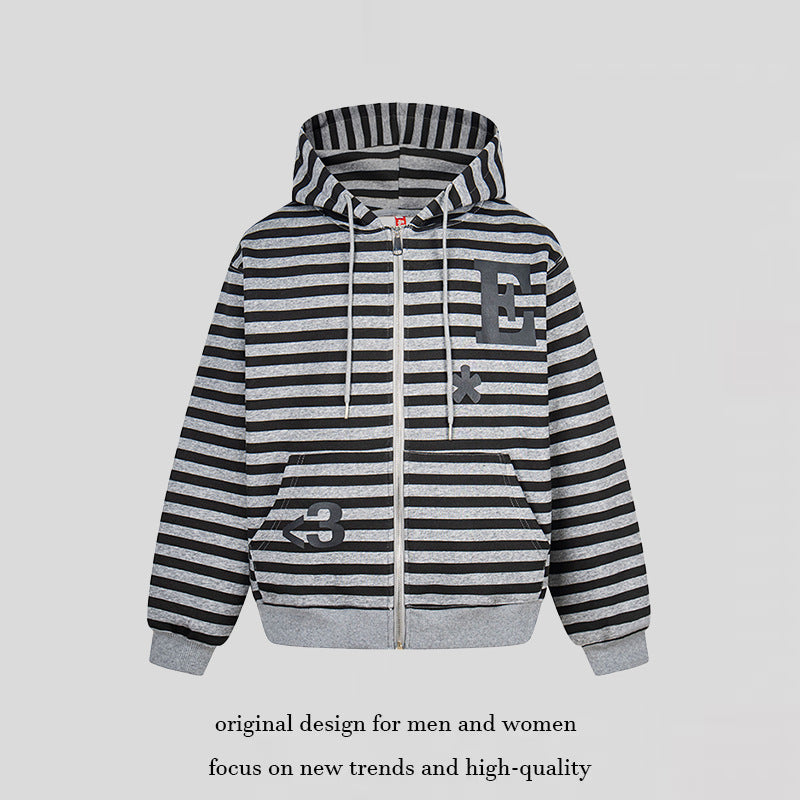 Women's oversized striped hooded sweatshirt jacket with full-length zipper and typographic front print Amarae