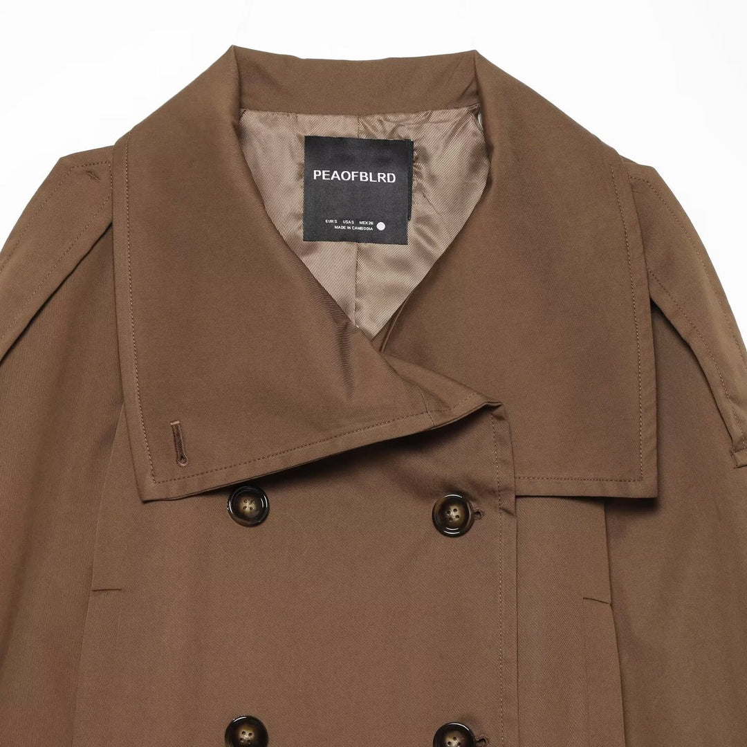 Women's Short Trench Coat in Cropped Cut with Double-Breasted Button Placket and Waist Belt Amarae