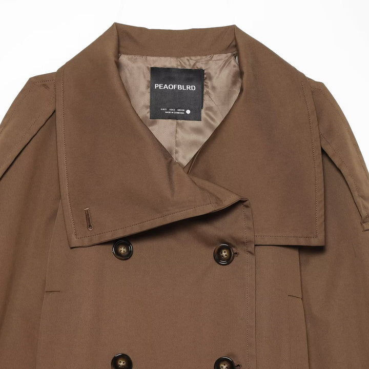 Women's Short Trench Coat in Cropped Cut with Double-Breasted Button Placket and Waist Belt Amarae