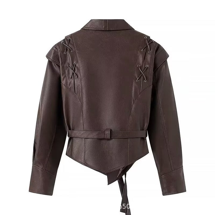 Modern faux leather jacket for women with a belted waist and elegant lace details Lune London