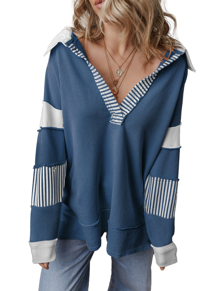 Women’s oversized sweatshirt with deep V-neck, striped inner collar and contrast sleeves Amarae