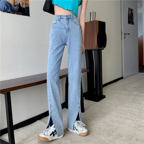 Pantalon en denim taille haute pour femmes avec fentes latérales Chic & Stil