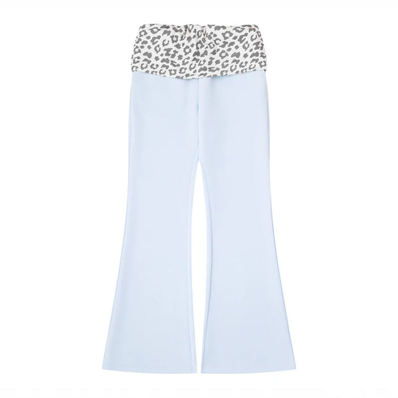 Women's Wide Jersey Lounge Pants with Flared Hem and Turned-Down Leopard Waistband Amarae